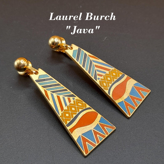 Laurel Burch "Java" Geometric Clip Earrings, Gold Plated Cloisonne Enamel, 1980s Vintage Jewelry