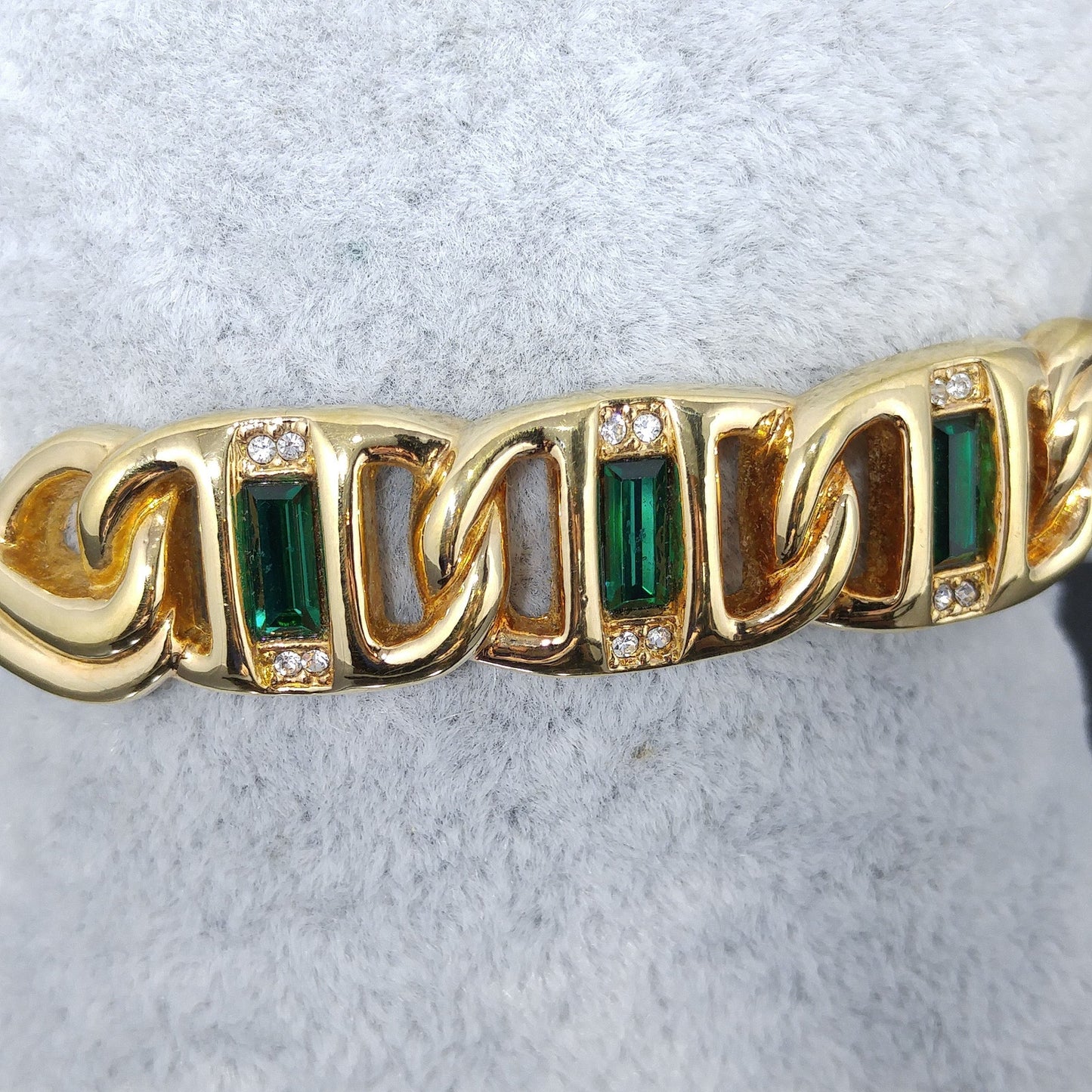 Vintage Swarovski Gold Bracelet – Green & Clear Rhinestones, Swan Logo, 1980s