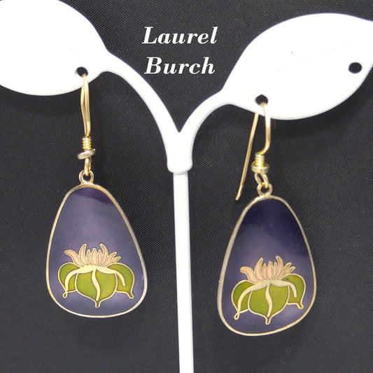 Vintage Laurel Burch Water Lily Earrings, Dark Blue Pink Green Enamel