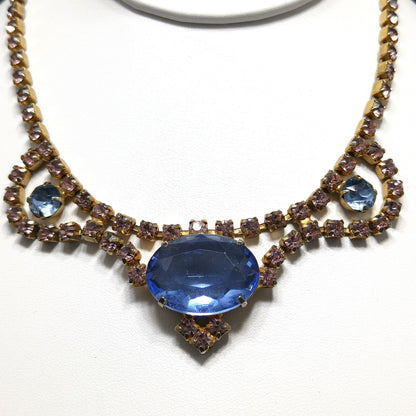 Large Blue & Pink Rhinestone Necklace, Gold Plated, 1950s Vintage Jewelry