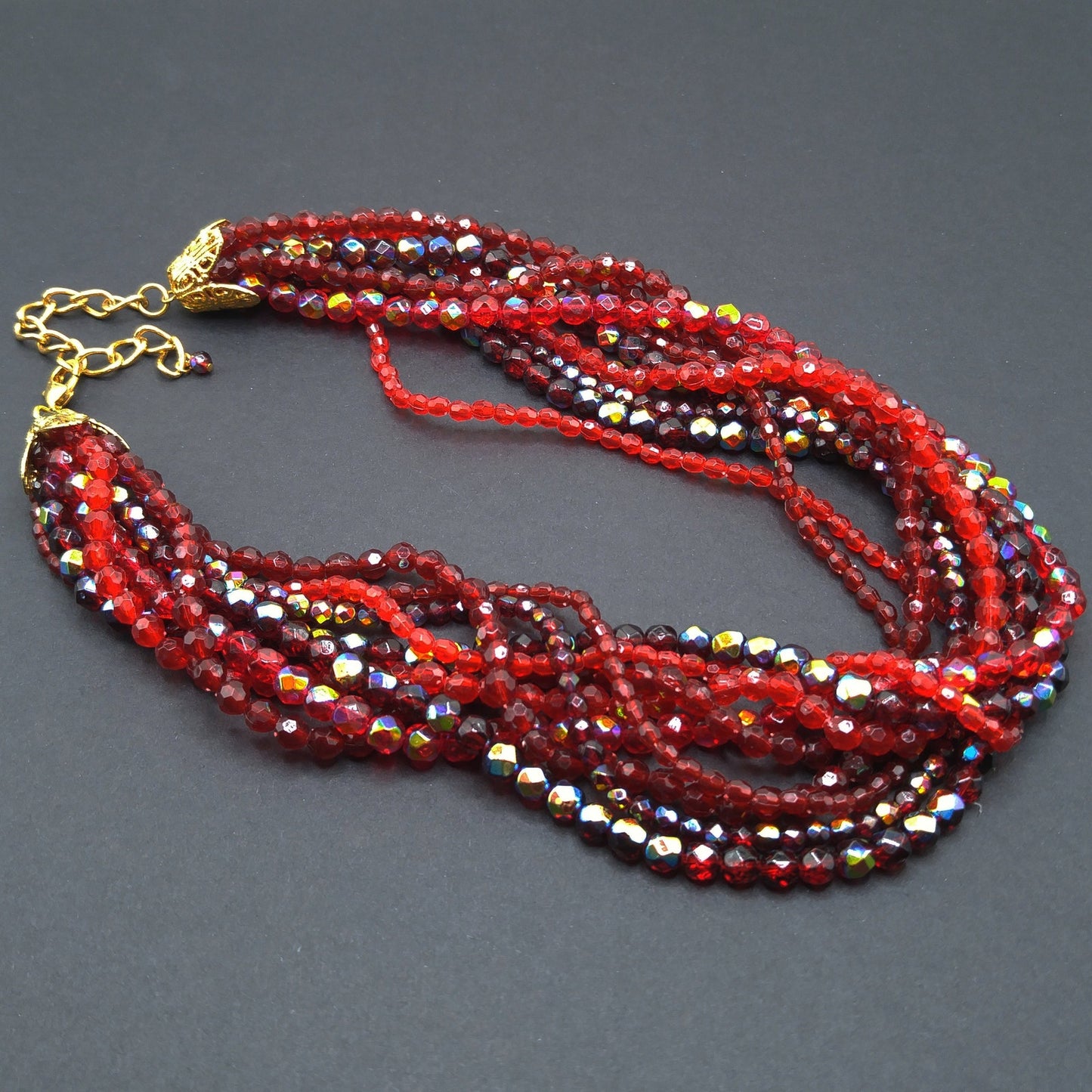 Red Fire Polished Bead Necklace, Nine Strands, 1980s Vintage Jewelry