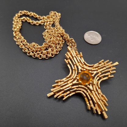 Vintage Sarah Coventry 1970s Yellow Rhinestone Cross Pendant Necklace