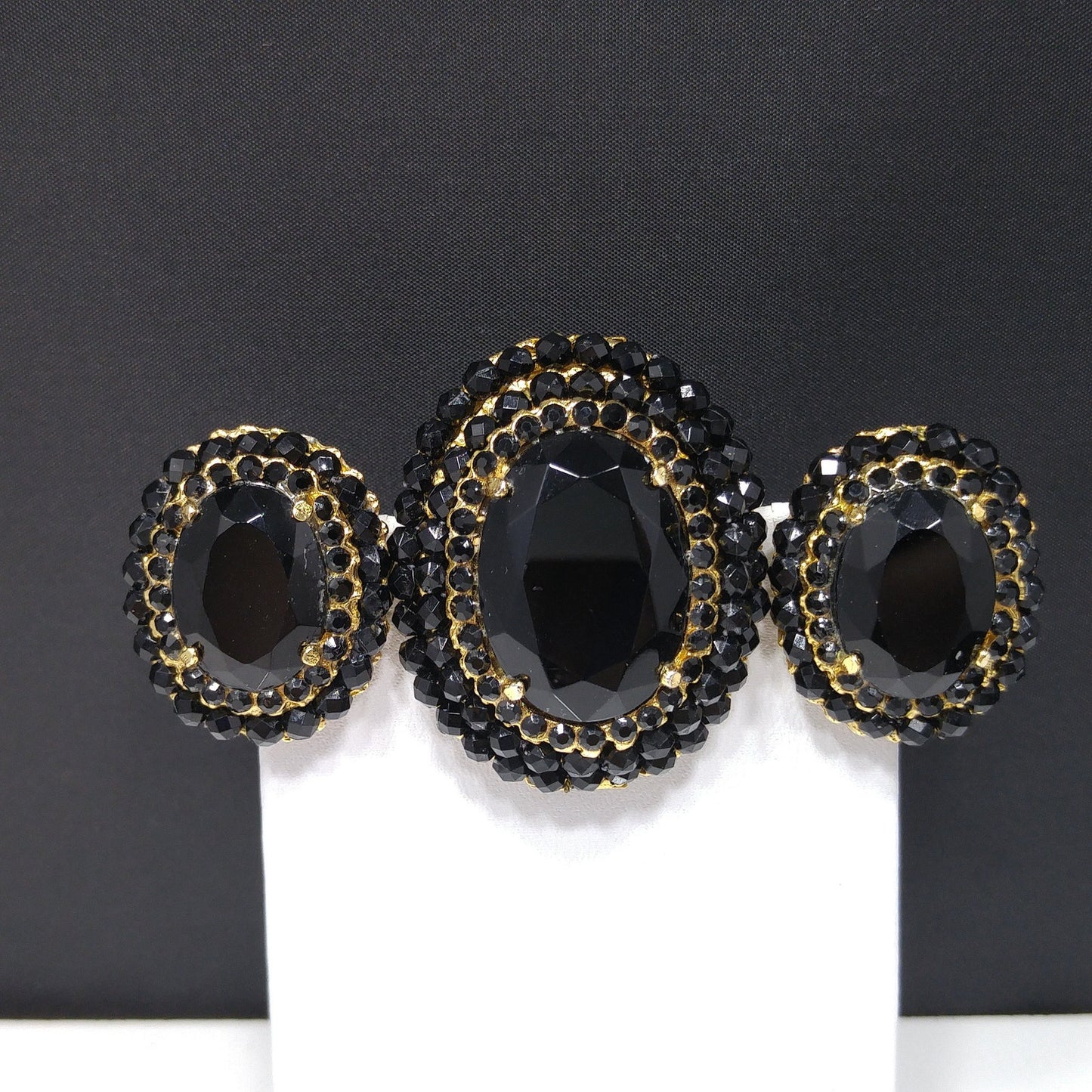 Vendome Black Crystal Brooch & Clip Earrings Set, Gold Plated Vintage Jewelry, Convertible Pendant