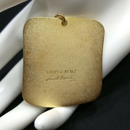 Vintage Laurel Burch "STRIPED BEAST" Large Pendant, Satin Finish, Gold Plated