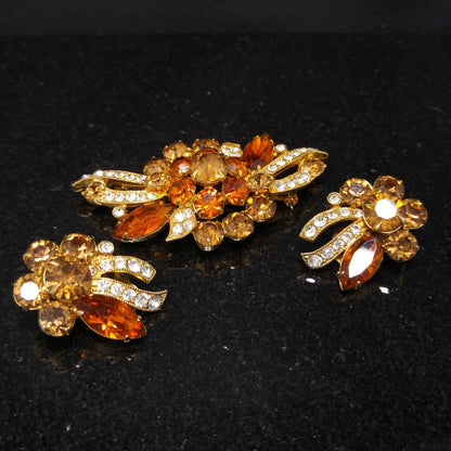 Eisenberg Ice Topaz Orange Brooch & Earrings, Gold Plated, 1960s Vintage Jewelry