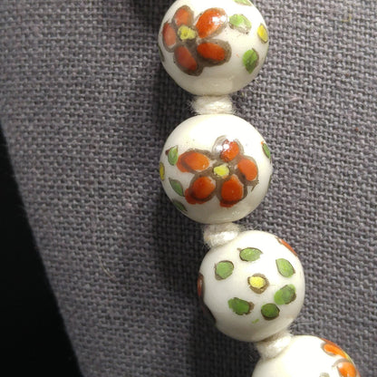 Vintage Ceramic Hand Painted Bead Necklace, Chinese Import, Hand-Knotted, 1960s