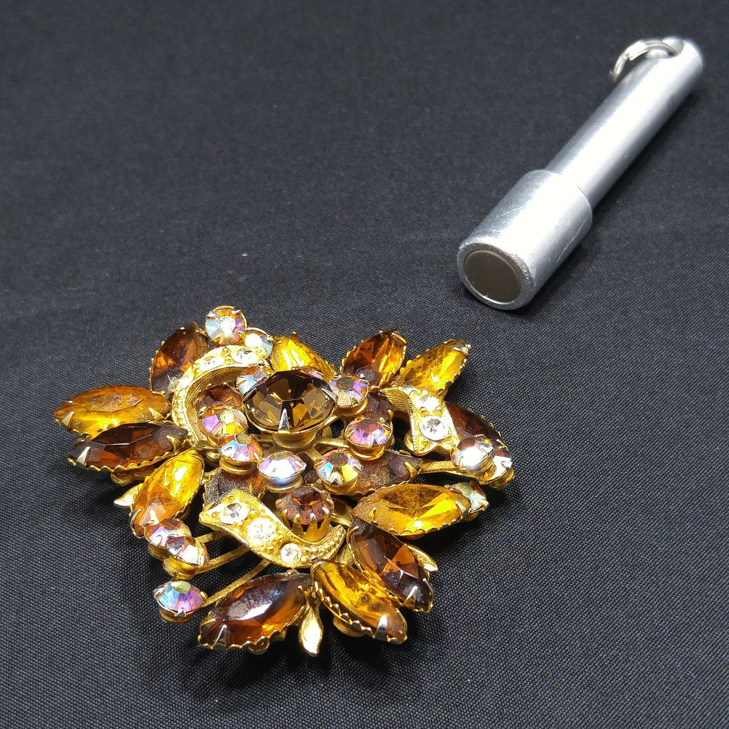 Fall Rhinestone Ribbon Brooch, Topaz Rhinestones, Aurora Borealis, 1950s Vintage Jewelry