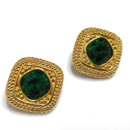 Swarovski Swan Logo Earrings, Emerald Green Crystal, Gold Plated Clip On, 1980s Vintage Jewelry
