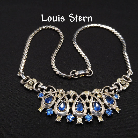 Lustern Blue Rhinestone Silver Tone Necklace, Louis Stern Gold Plated, 1940s Vintage Jewelry