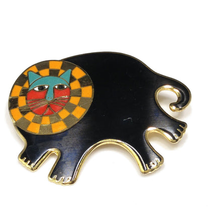 Laurel Burch "Bartholomew" Brooch, Gold Plated Cloisonné, Black Gold Enamel, 1980s Vintage Jewelry