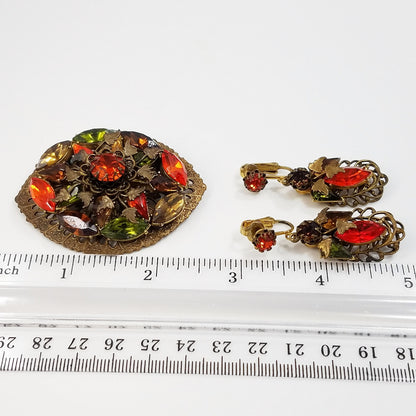 Vintage Filigree Rhinestone Brooch & Earrings, Orange Green Topaz Crystals, Floral Brass Tones, 1950s Vintage Jewelry