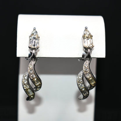 Bogoff Clear Rhinestone Clip Dangle Earrings, Rhodium Plated, Wedding Earrings, 1950s Vintage Jewelry