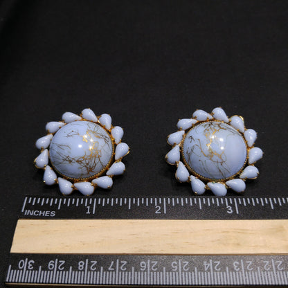Weiss Light Blue & Gold Marbled Art Glass Earrings, Gold Plated, 1950s Vintage