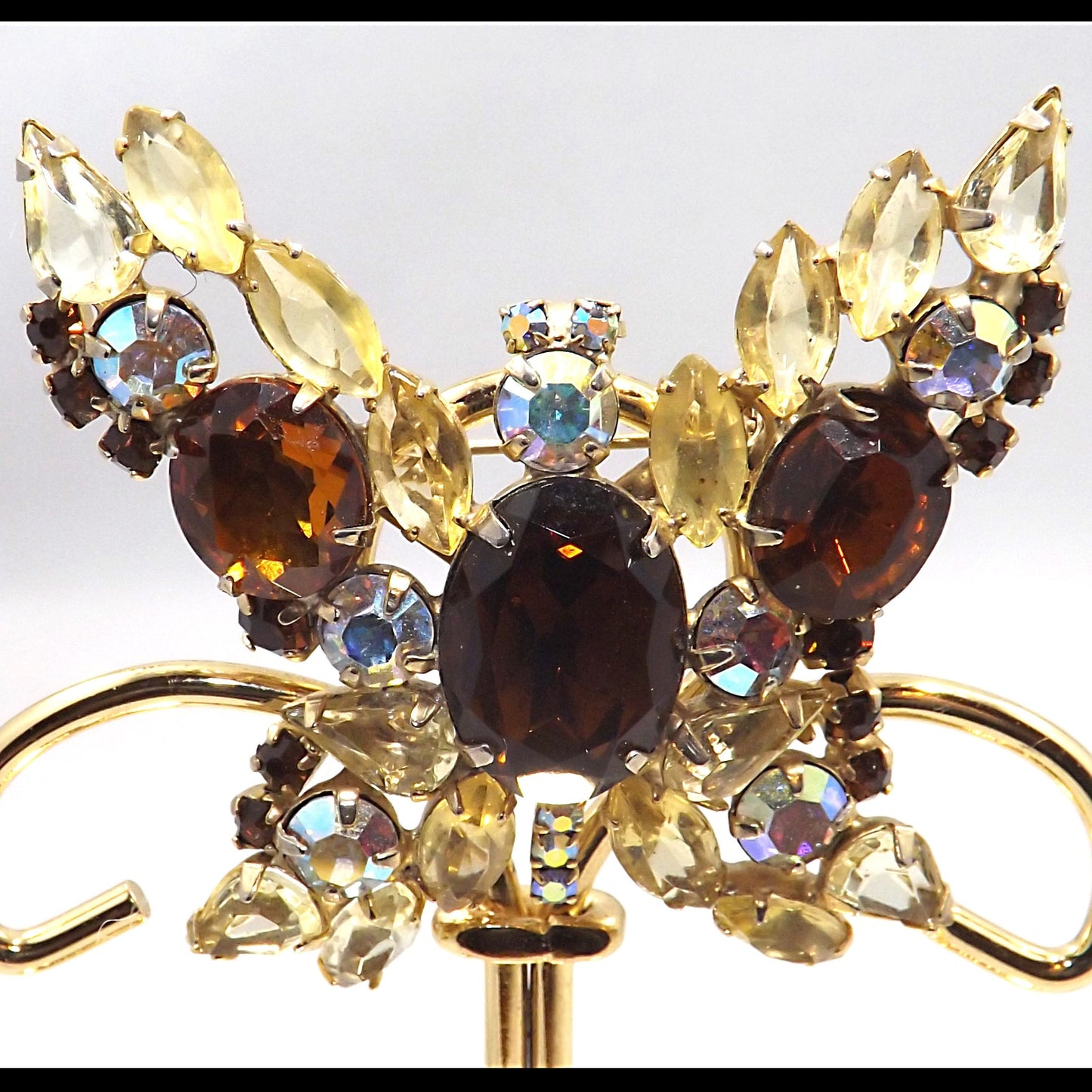 Vintage Butterfly Brooch D & E Juliana Style Rootbeer Rhinestones Yellow Open Back Aurora Borealis Rhinestones Gold Tone Vintage Jewelry