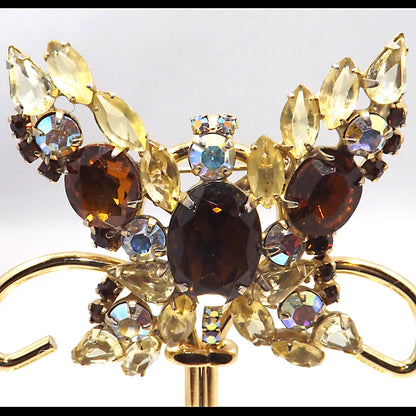Vintage Butterfly Brooch D & E Juliana Style Rootbeer Rhinestones Yellow Open Back Aurora Borealis Rhinestones Gold Tone Vintage Jewelry
