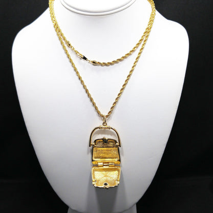 Swarovski Purse Pendant Necklace, Black Enamel & Crystal Handbag Locket, Vintage 1980s Jewelry