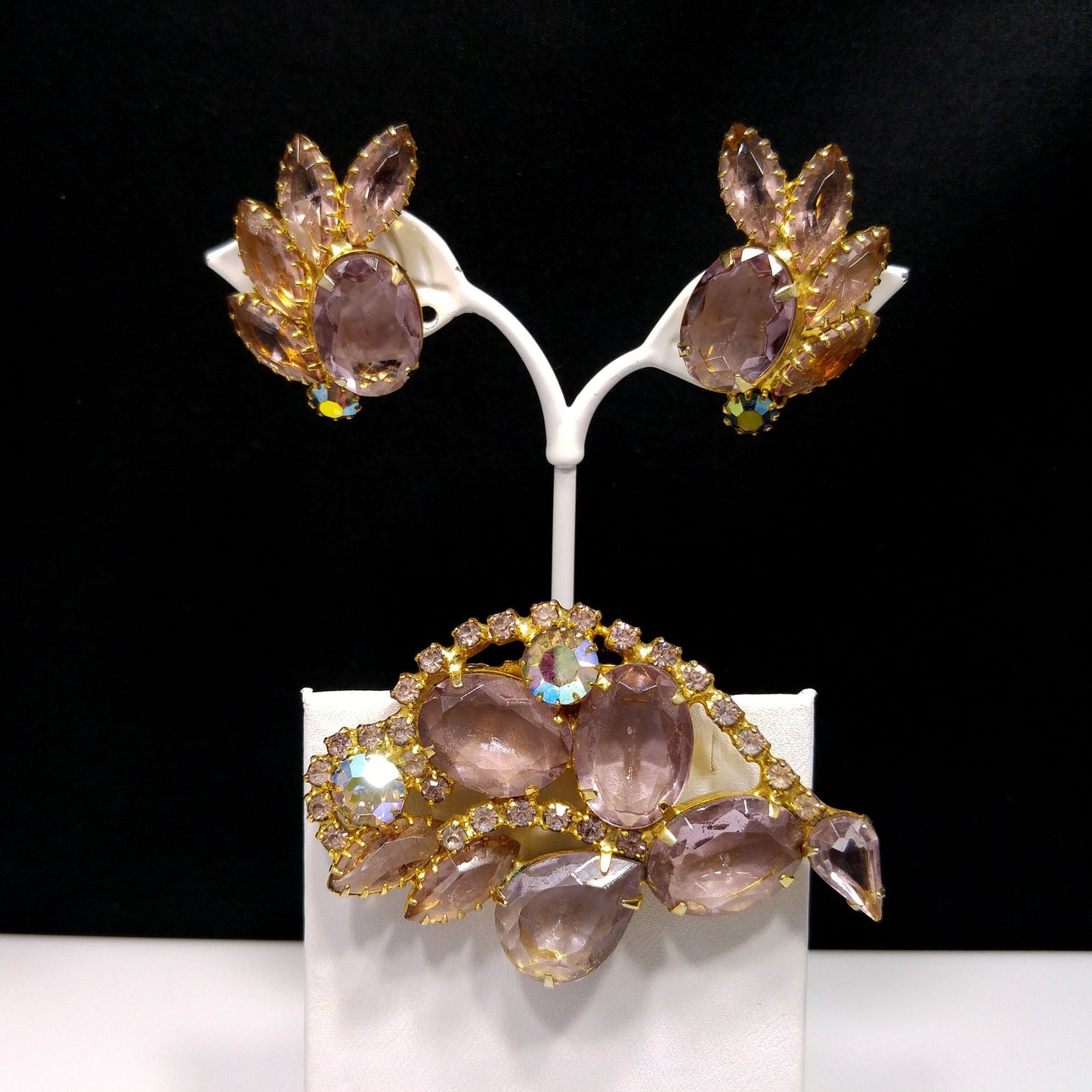 Lavender Rhinestone Brooch & Earrings, Aurora Borealis, 1960s Vintage Jewelry