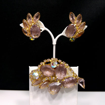 Lavender Rhinestone Brooch & Earrings, Aurora Borealis, 1960s Vintage Jewelry