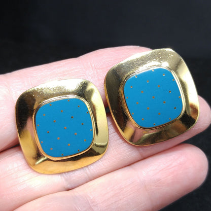 Vintage Laurel Burch "Mastriano" Clip Earrings, Teal Blue Enamel, Gold Plated