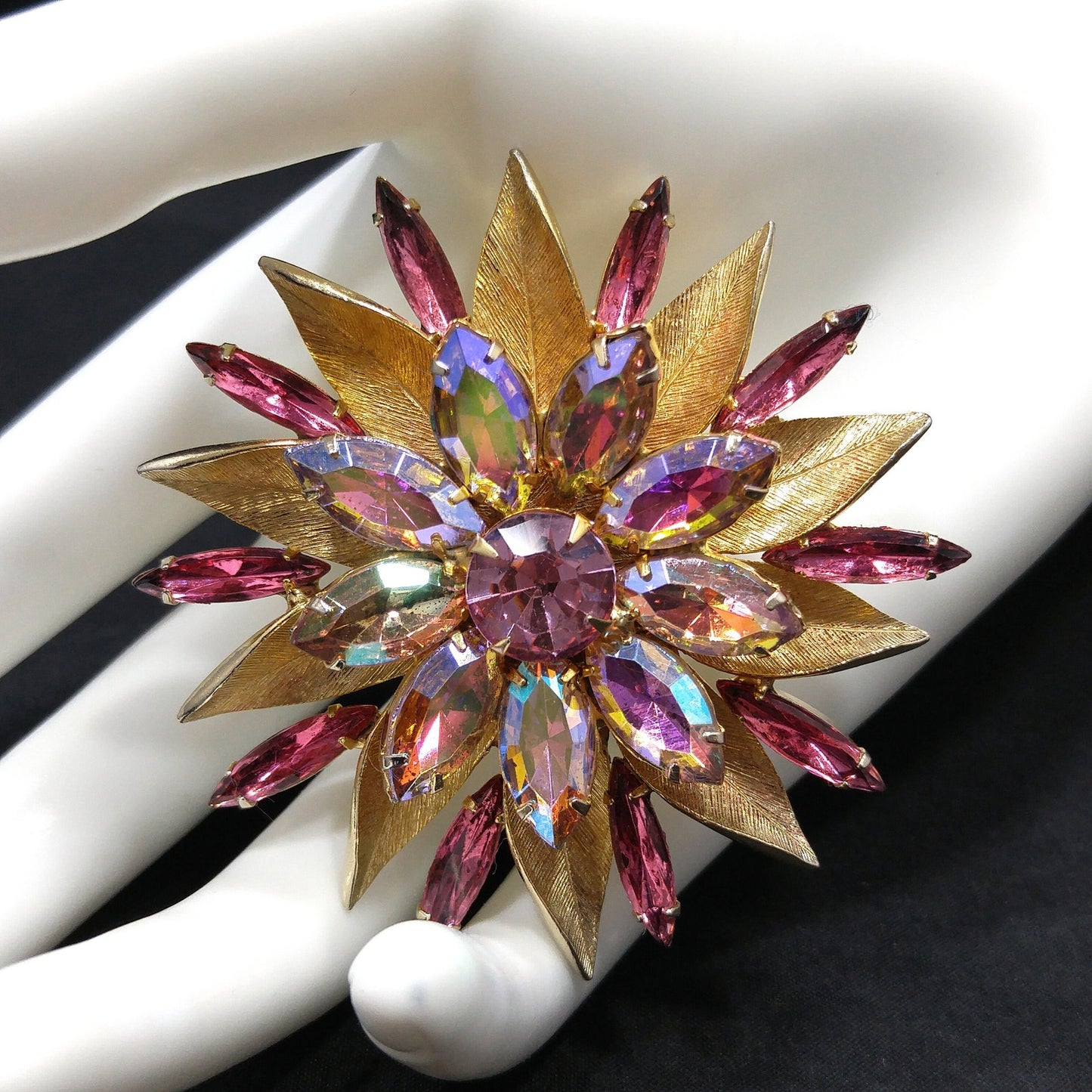 Pink Aurora Borealis Flower Brooch, Gold Plated, Light Dark Pink Rhinestones, 1960s Vintage Jewelry