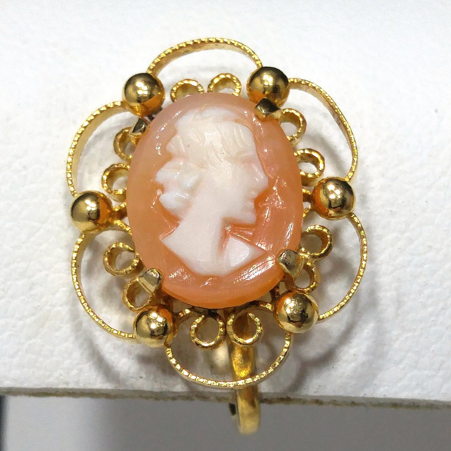 Sorrento Shell Cameo Clip Earrings, 12K Gold Filled, 1950s Vintage Jewelry