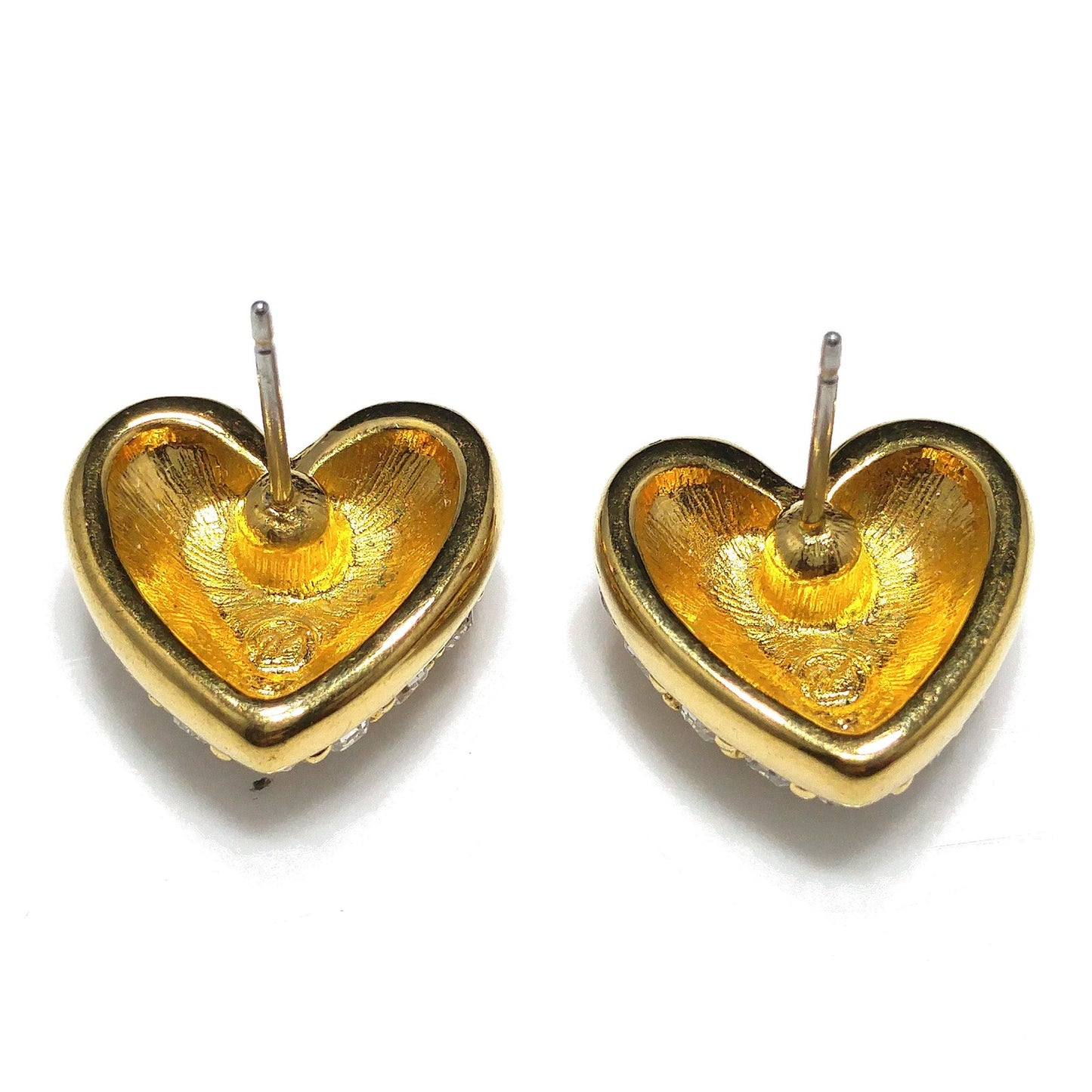 Vintage Swarovski Swan Logo Heart Earrings Clear Pave Rhinestones Gold 1980s