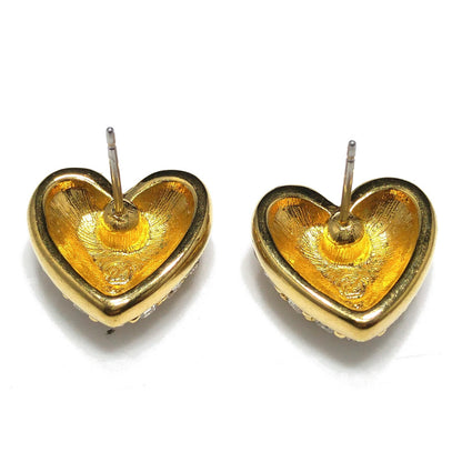 Vintage Swarovski Swan Logo Heart Earrings Clear Pave Rhinestones Gold 1980s