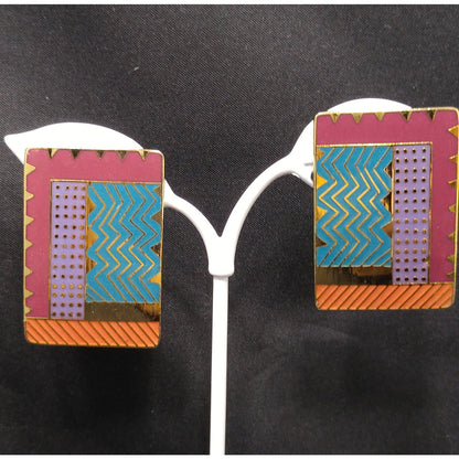 Vintage Laurel Burch "Lindsay" Clip Earrings, Large Geometric