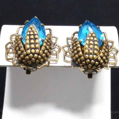 Germany Turquoise Filigree Clip Earrings, Large Rhinestone, 1940s Vintage Jewelry