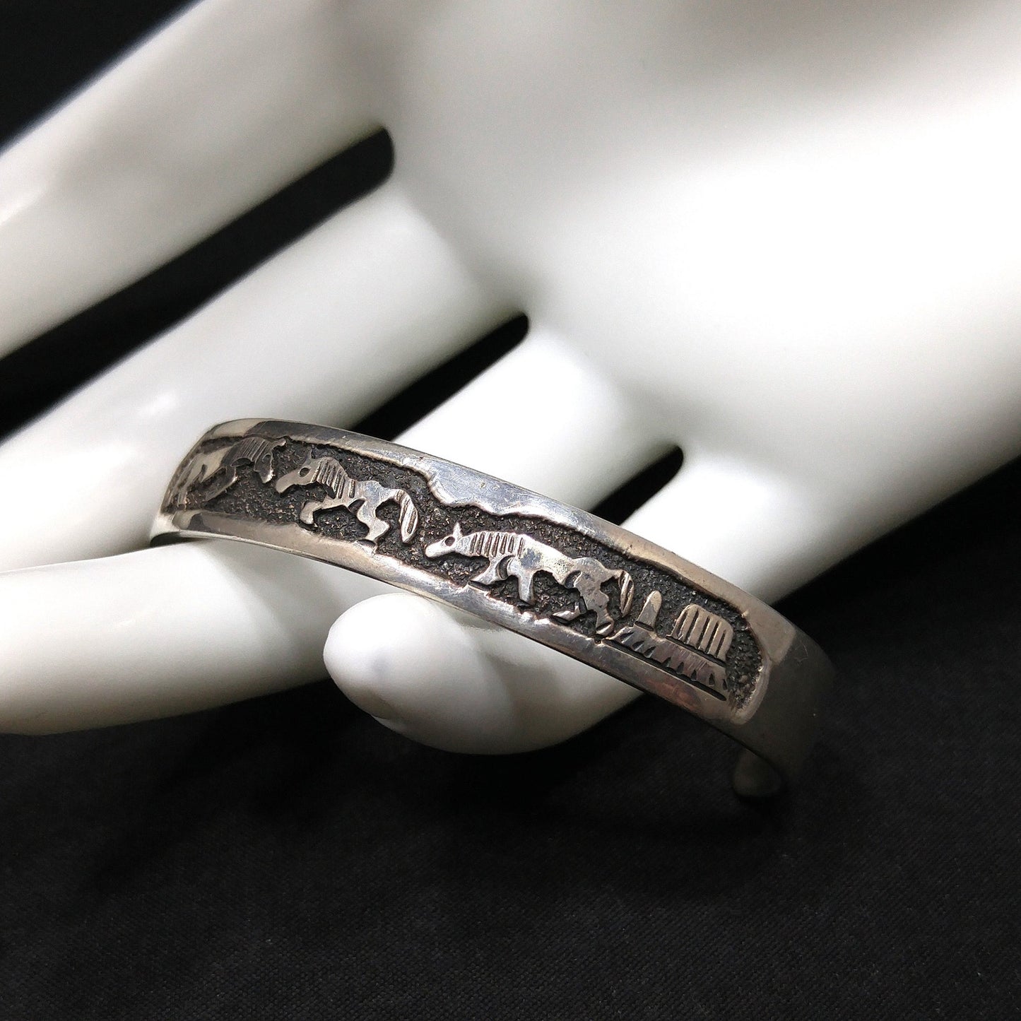 TSK Navajo Sterling Storyteller Child’s Cuff Bracelet – Horses & Daily Life