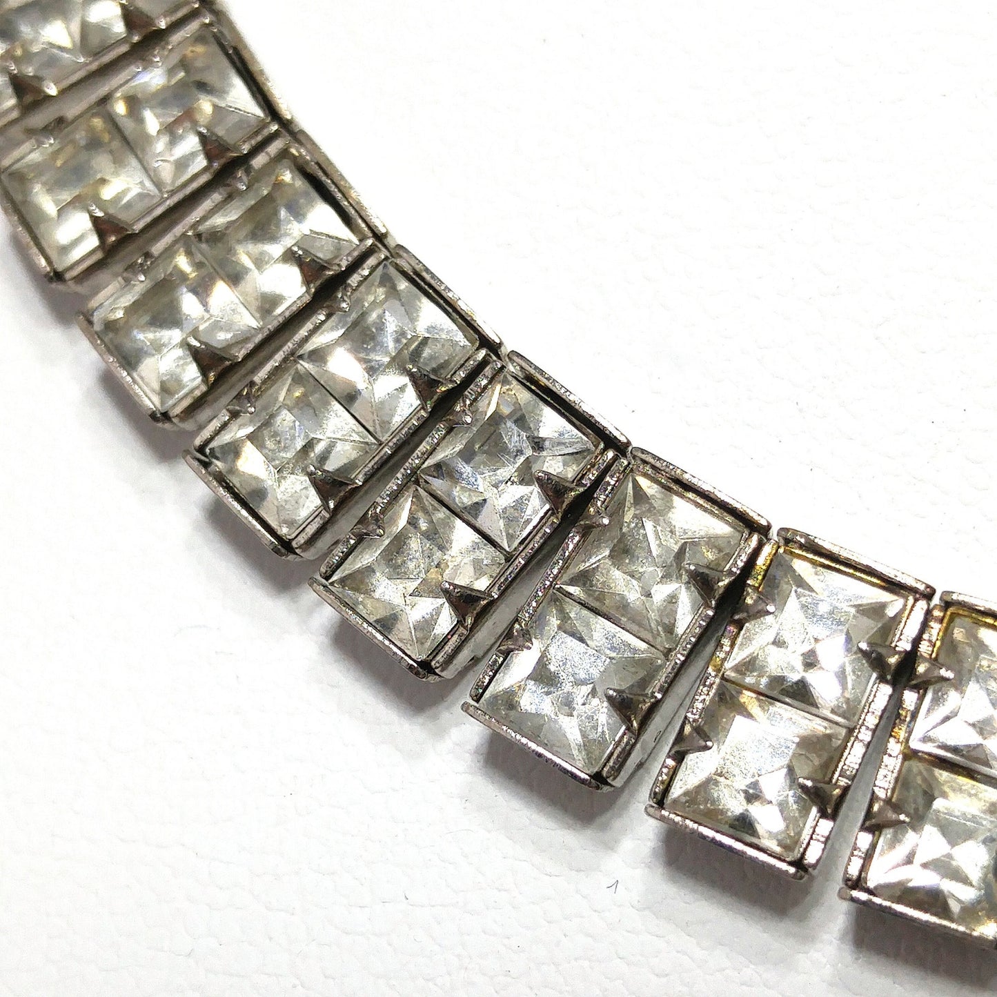 Art Deco Clear Rhinestone Choker Necklace Bracelet Set, Silver Tone Mesh, 1950s Vintage Jewelry