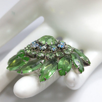 Vintage Peridot Green Rhinestone Domed Brooch, Aurora Borealis, 1960s