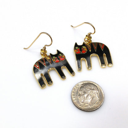 Vintage Laurel Burch "Tiger" Drop Earrings, Gold Plated, Black Red Enamel, 2005