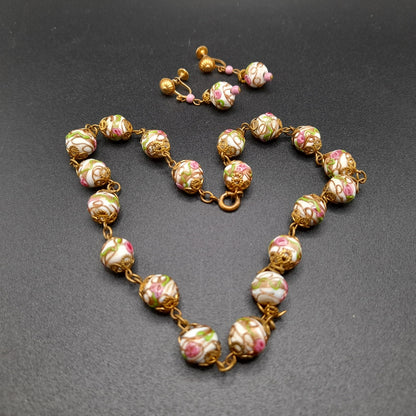 Vintage Italian Wedding Cake Bead Necklace Earrings Set, Venetian Lamp-work, 1940s Jewelry