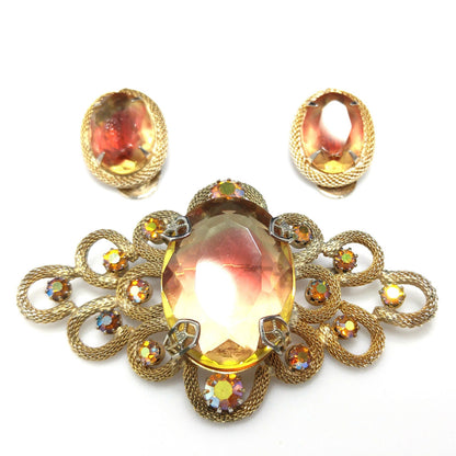 Vintage Gold Pink Large Glass Brooch Earrings Set, Gold Plated, 1960s Vintage Jewelry