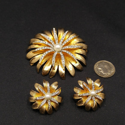 Kramer Floral Rhinestone Brooch & Earrings, Gold Plated, Faux Pearls, 1960s Vintage Jewelry