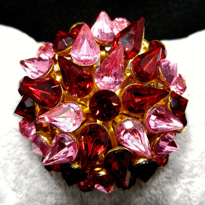 Red & Pink Domed Rhinestone Brooch, Gold Plated Filigree Backing, 1950s Vintage Jewelry