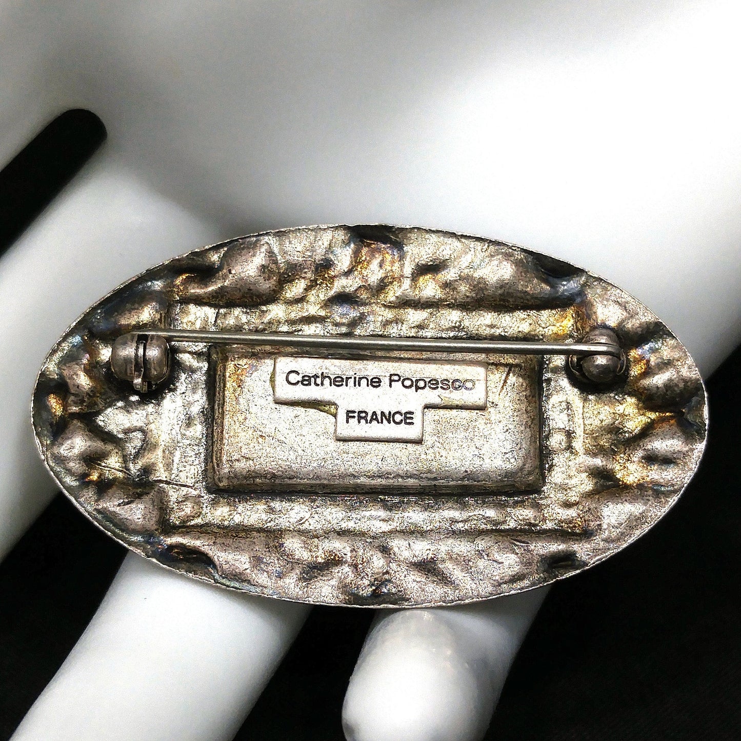 Catherine Popesco Oval Brooch, Cream & Gold Enamel, Rhinestones Under Enamel, France, 1980s Vintage Jewelry