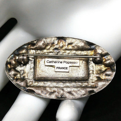 Catherine Popesco Oval Brooch, Cream & Gold Enamel, Rhinestones Under Enamel, France, 1980s Vintage Jewelry