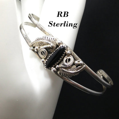 Richard Begay Navajo Artisan Sterling Silver Onyx Cuff Bracelet, 1980s Vintage Jewelry