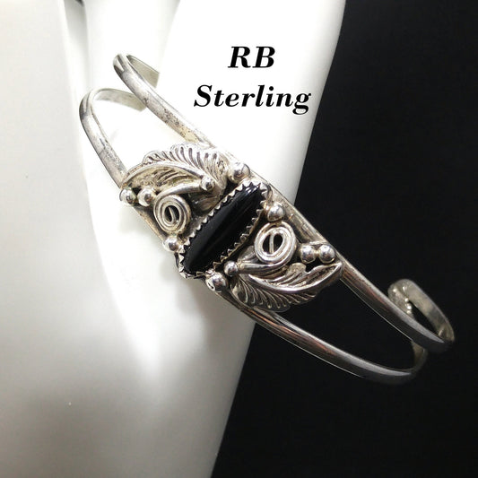 Richard Begay Navajo Artisan Sterling Silver Onyx Cuff Bracelet, 1980s Vintage Jewelry