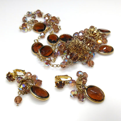 Filigree Chandelier Pendant Necklace & Earrings, Topaz Crystal Beads, 1970s Vintage Jewelry
