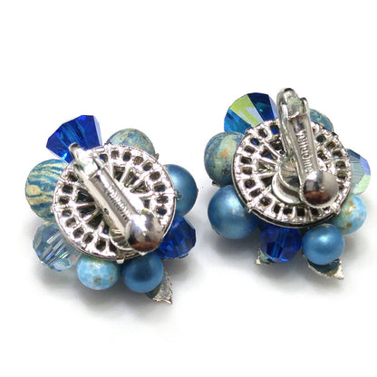 Vendome Blue Beaded Clip Earrings, Aurora Borealis, Silver Leaves, 1960s Vintage Jewelry