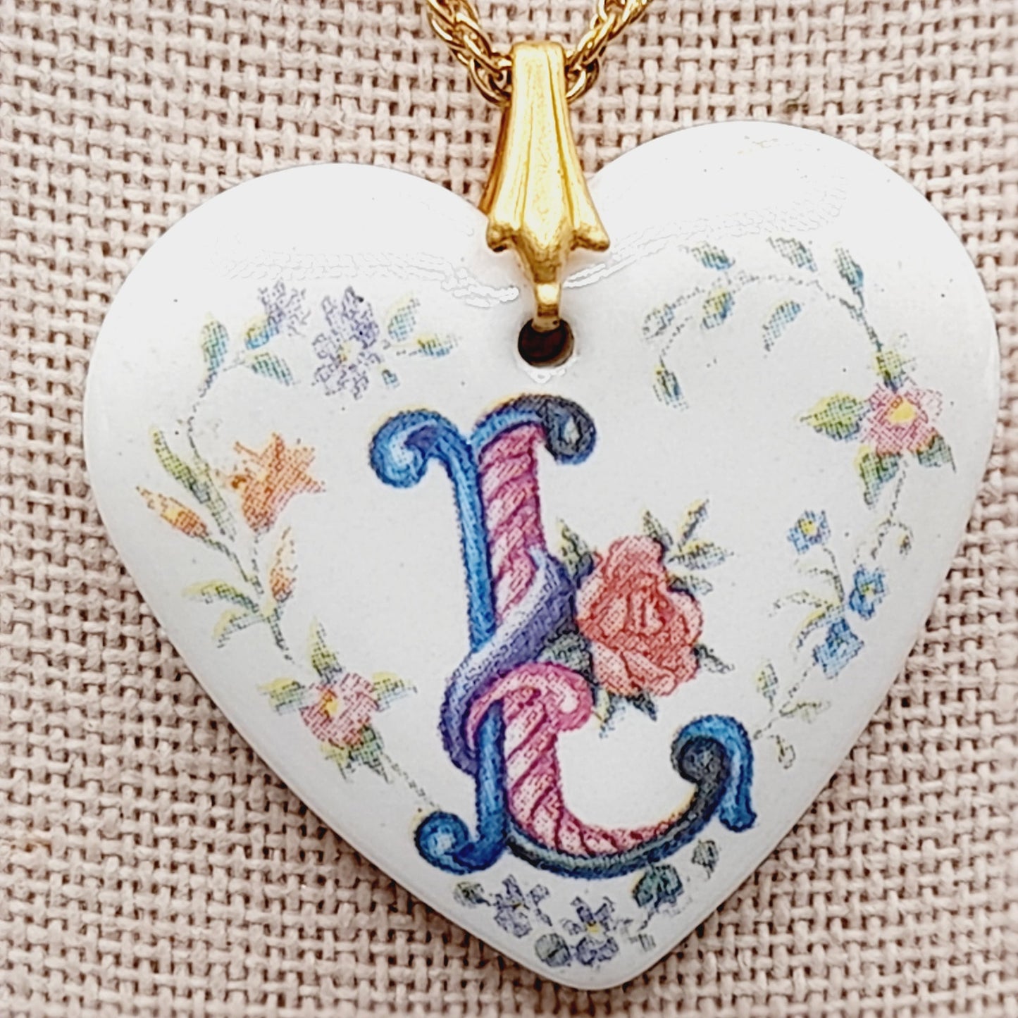 Vintage Avon Porcelain Heart “L” Initial Necklace on 24” Gold Rope Chain