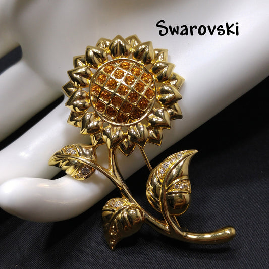 Savvy by Swarovski Sunflower Brooch, Gold Plated Crystal Flower Pin, 1990s Vintage Jewelry