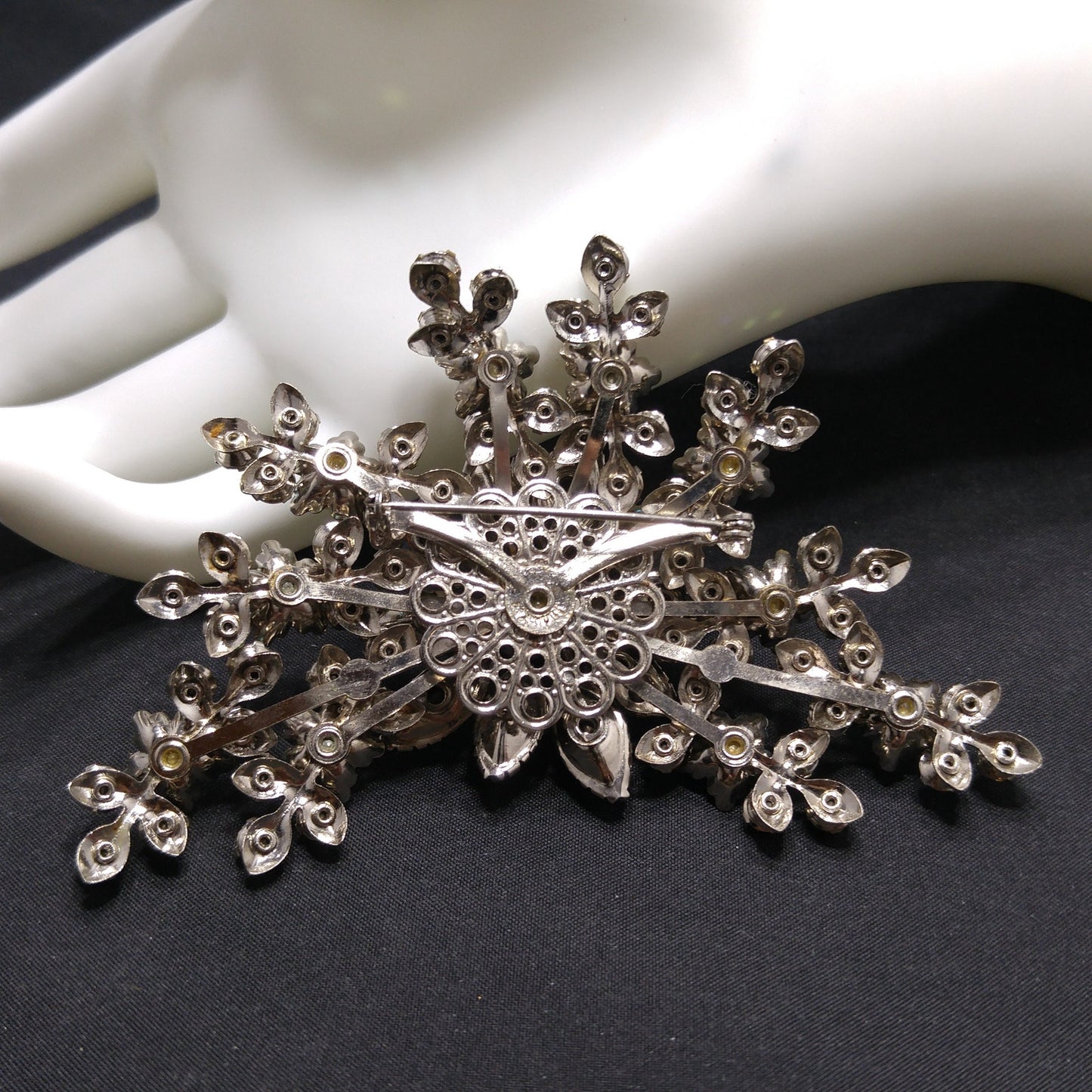 Judy Lee Signed Large Floral Brooch Rhinestone Faux Pearl AB Silver Tone 1950s