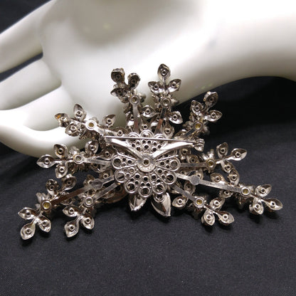 Judy Lee Signed Large Floral Brooch Rhinestone Faux Pearl AB Silver Tone 1950s