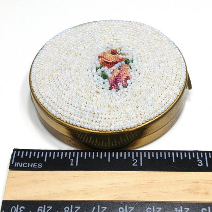 Vintage White Beaded Petitpoint Compact, Schildkraut, Coty Powder, 1950s Vintage Accessory