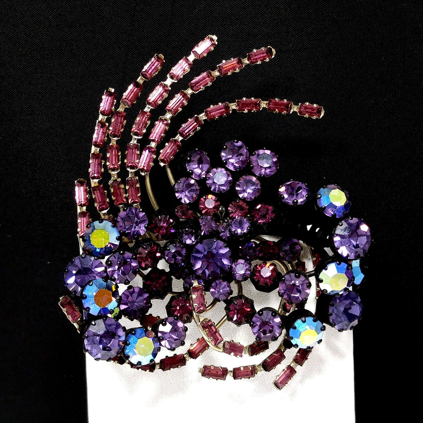 Purple Rhinestone Japanned Made in Austria Brooch, Aurora Borealis, 1960s Vintage