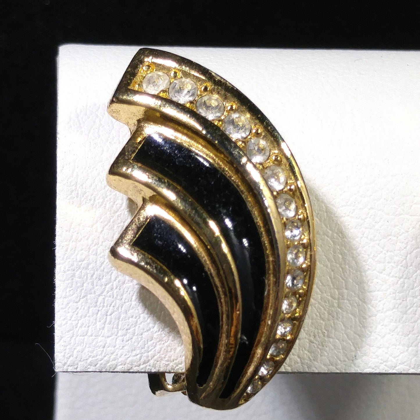 Christian Dior Black Enamel Earrings, Gold Plated, Pave Rhinestones, 1980s Vintage Jewelry